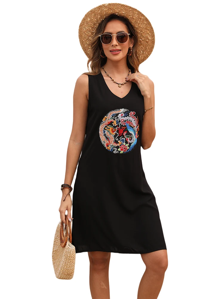 Khalee Yose Floral Embroidery Mini Dress Boho Summer Black Sleeveless Women Casual Chic Hippie Sexy Chinese Ladies 23XL Dresses