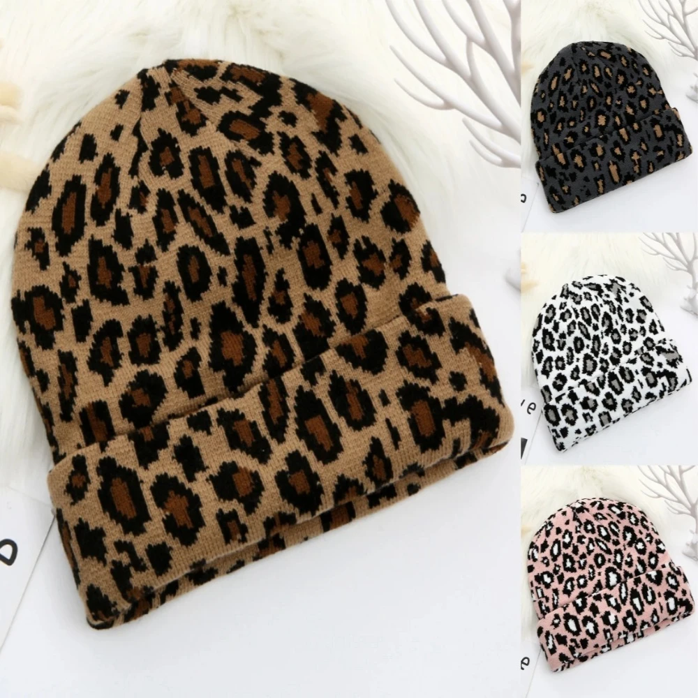 Jacquard-Strickmütze ohne Krempe mit Leopardenmuster, dick, warm, für Herbst und Winter, Unisex, Hip-Hop-Mode