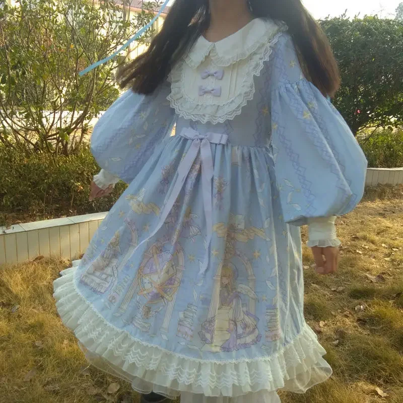 Lolita vestido largo con estampado de Ángel Lolit para estudiantes, manga larga, estilo de hada