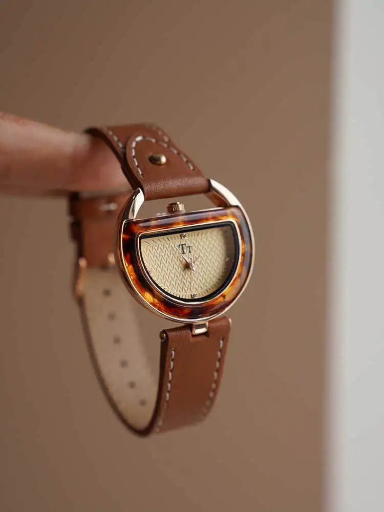 New Half-moon Disc Retro Sexy Leather Brand Women's Watch Birthday Gift Niche Tortoiseshell Genuine Watch for Women