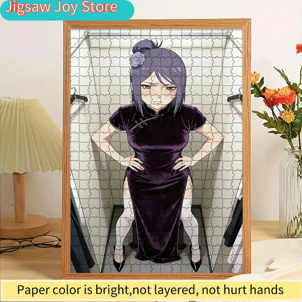 

High Quality Paper Jigsaw Puzzle Anime Konan in Purple Velvet Cheongsam Dress with Slit, White Thigh High Stockings and Black He