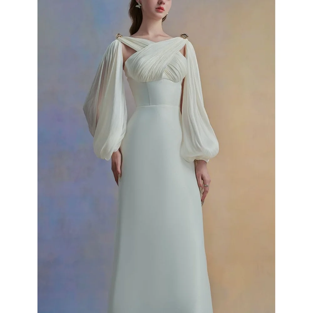 

Pretty White Hand Pleat A-Line Ankle-length Evening Dresses Formal Occasions Dresses Elegant Prom Gowns