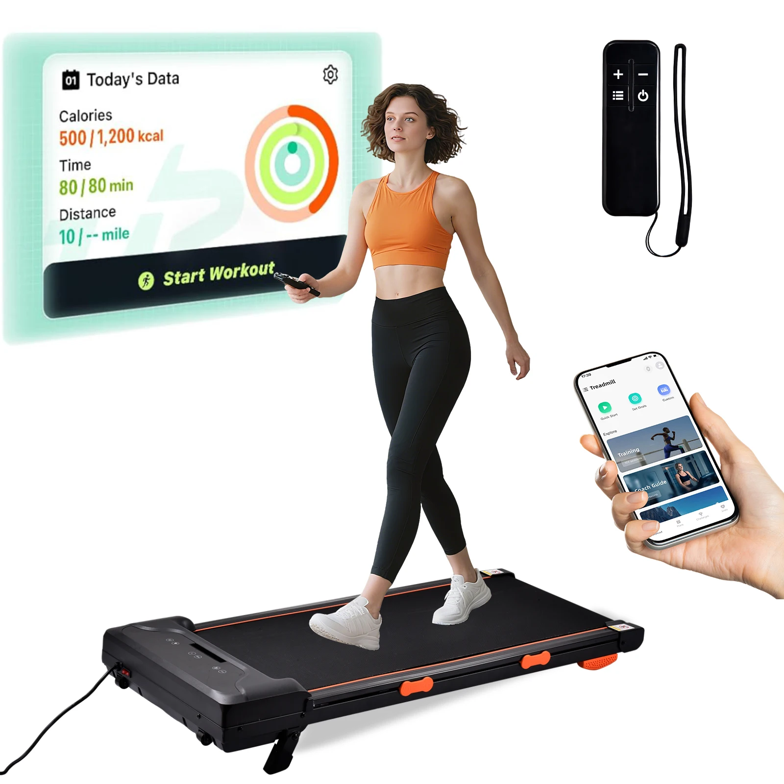 Laufband für unter dem Schreibtisch, LED-Anzeige, Tragfähigkeit 264,5 lbs, 1-8 km/h, leises Laufband mit Fernbedienung und App-Steuerung für Büro und Zuhause – Detail 7