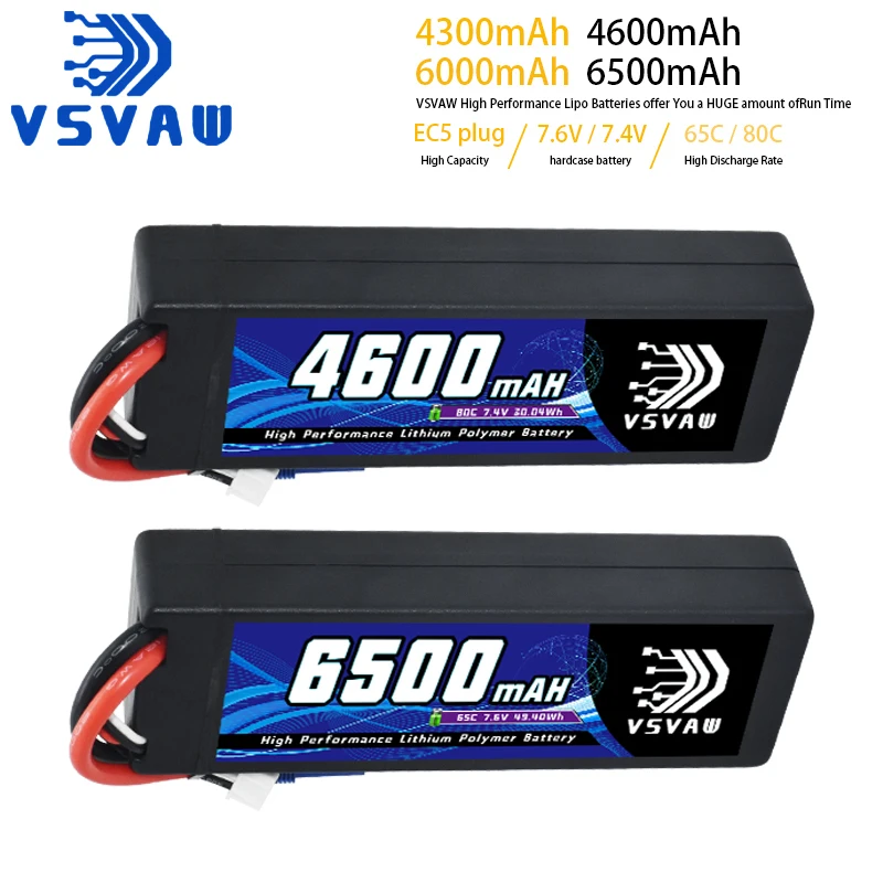 VSVAW Lipo 2S 4300mAh 4600mAh 6000mAh 6500mAh Lipo Battery 7.6V 7.4V 65C 80C with EC5 Plug for RC Car 1/10 Boats RC Models