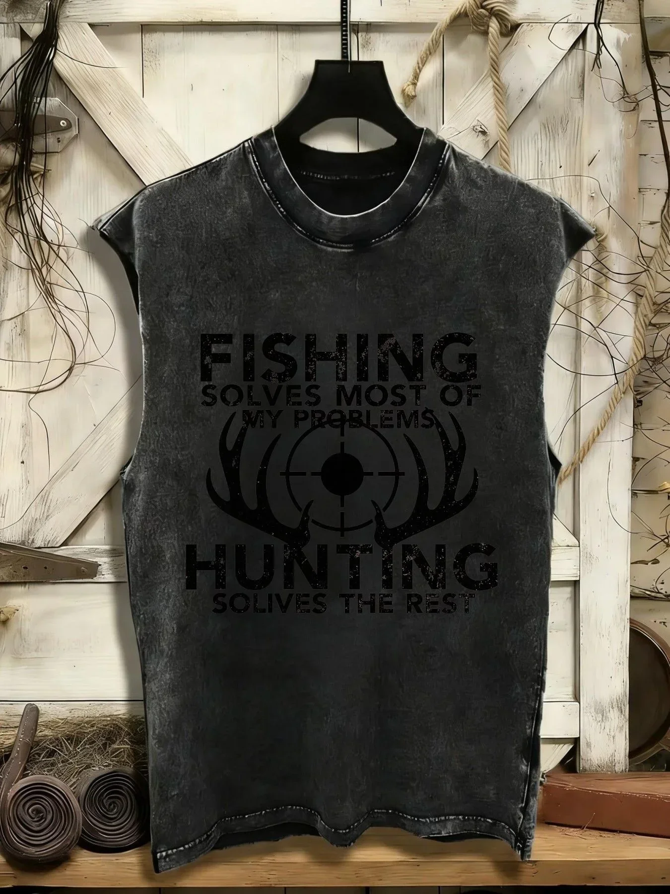 Customization 100% Sleeveless Vest, 210G Washed Vest, 'Fishing Solved Most Of My Problems, Hunting Solved The Rest, ' With Horn view 4