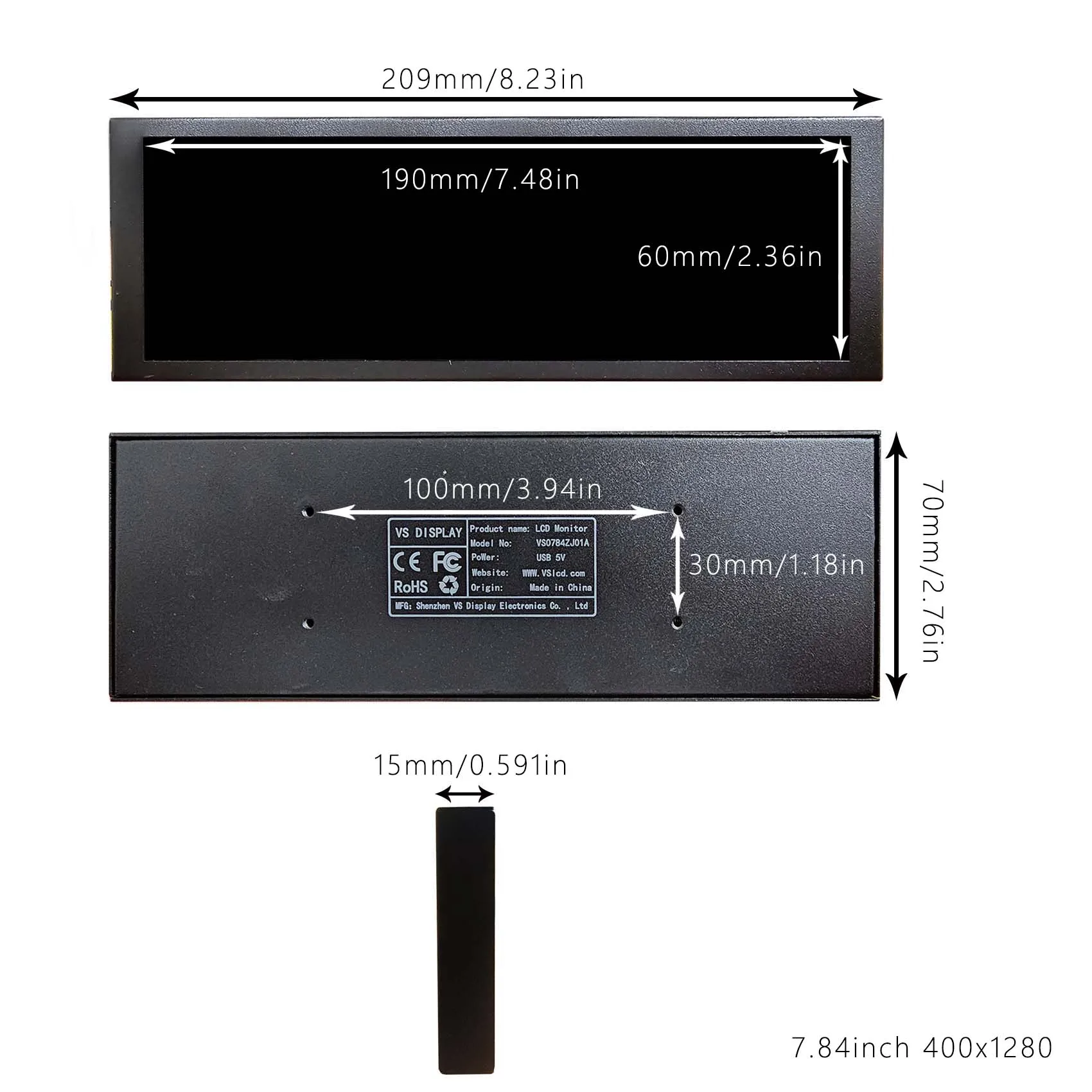 Внешний монитор Vs Display, монитор с растягивающейся панелью, дополнительный экран, 7,84 дюйма, 400X1280, мини-монитор для ПК, процессора, графического процессора, темп-шоу данных