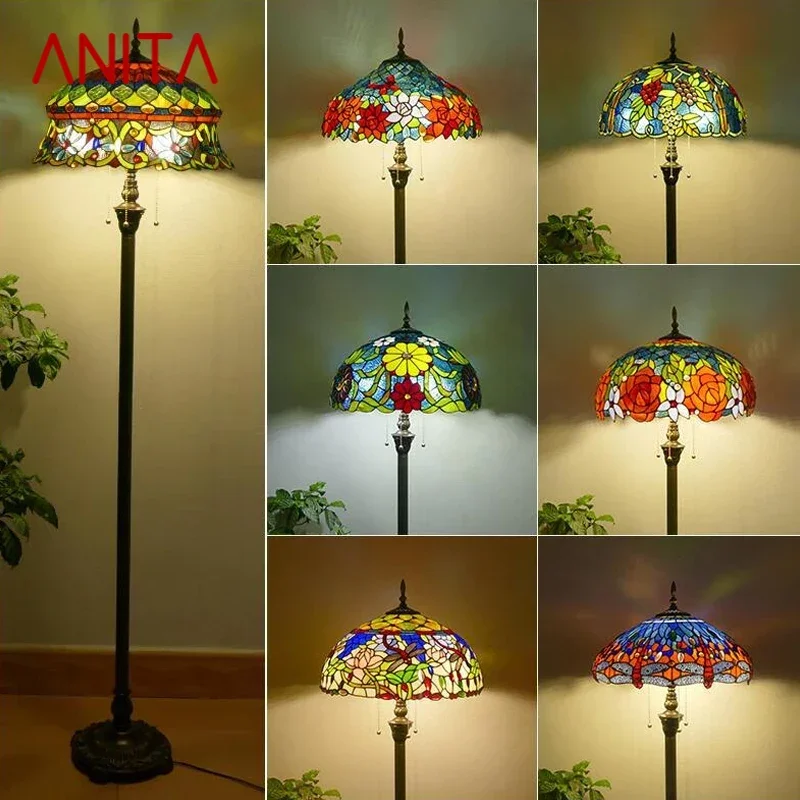 ANITA Tiffany Floor Lamp American Retro Living Room Bedroom Lamp Country  Stained Glass Floor Lamp