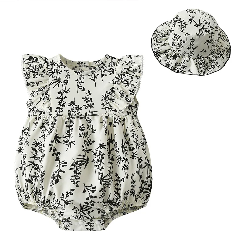 

2Piece Summer Bodysuits Newborn Girls Clothes Korean Fashion Cute Flowers Print Sleeveless Jumpsuits+Hat Toddler Clothing B128