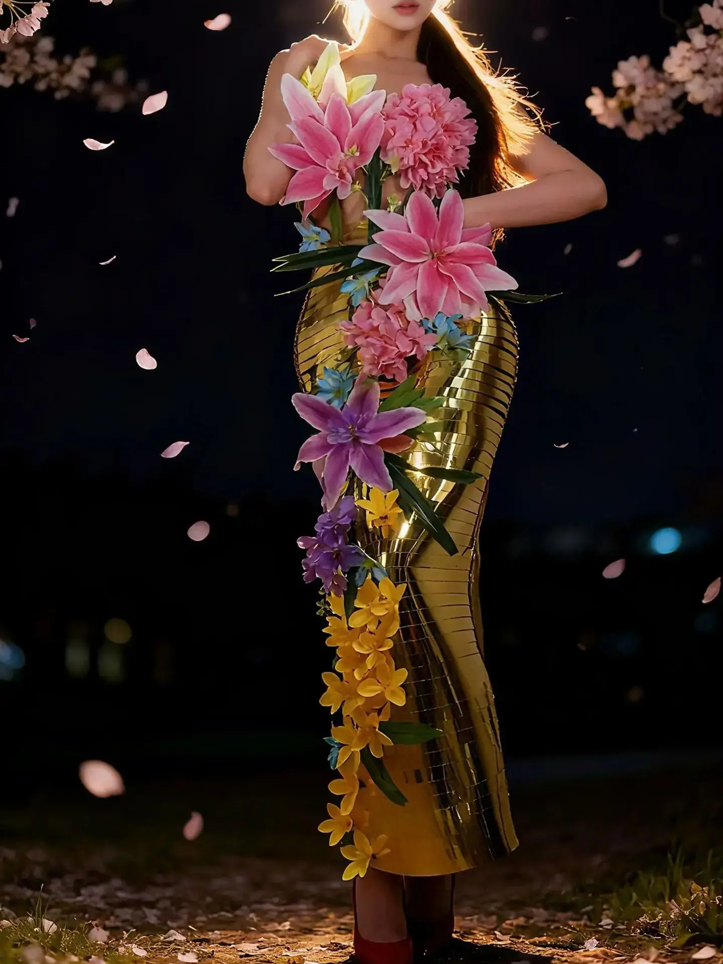 

Women Sexy Y2K Crystal Diamonds Golden Floral Long Dress Stretchy Celebrity Party Singer Stage Performance Costume