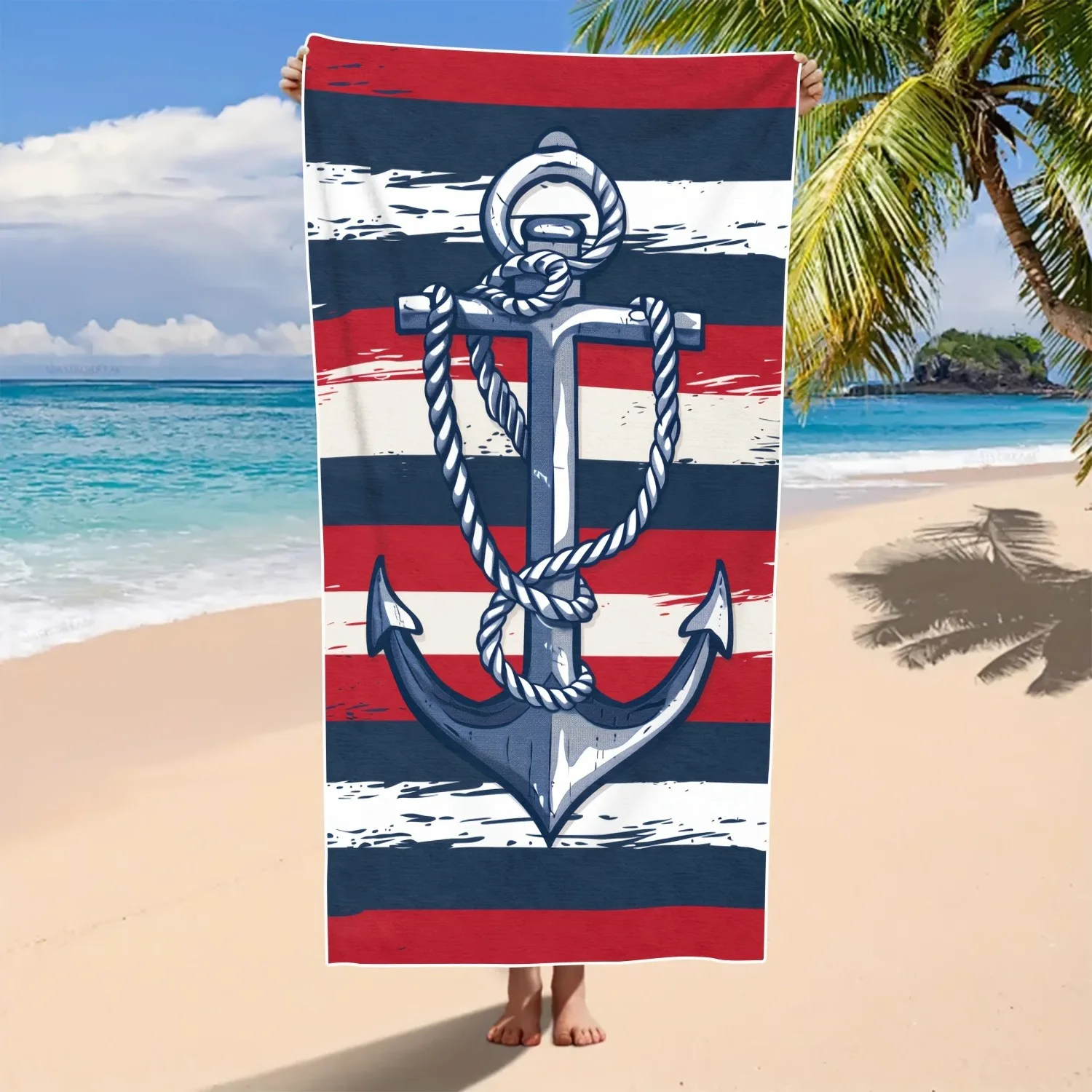 Vibrant Anchor-Print Beach Towel, Red White Stripes Ideal for Poolside Beach