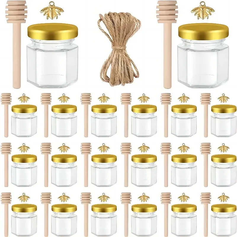 1.5 Oz Hexagon Mini Glass Honey Jars With Wood Dipper, Bee Pendants And Jutes, For Baby Shower, Wedding Favors, Party Favors