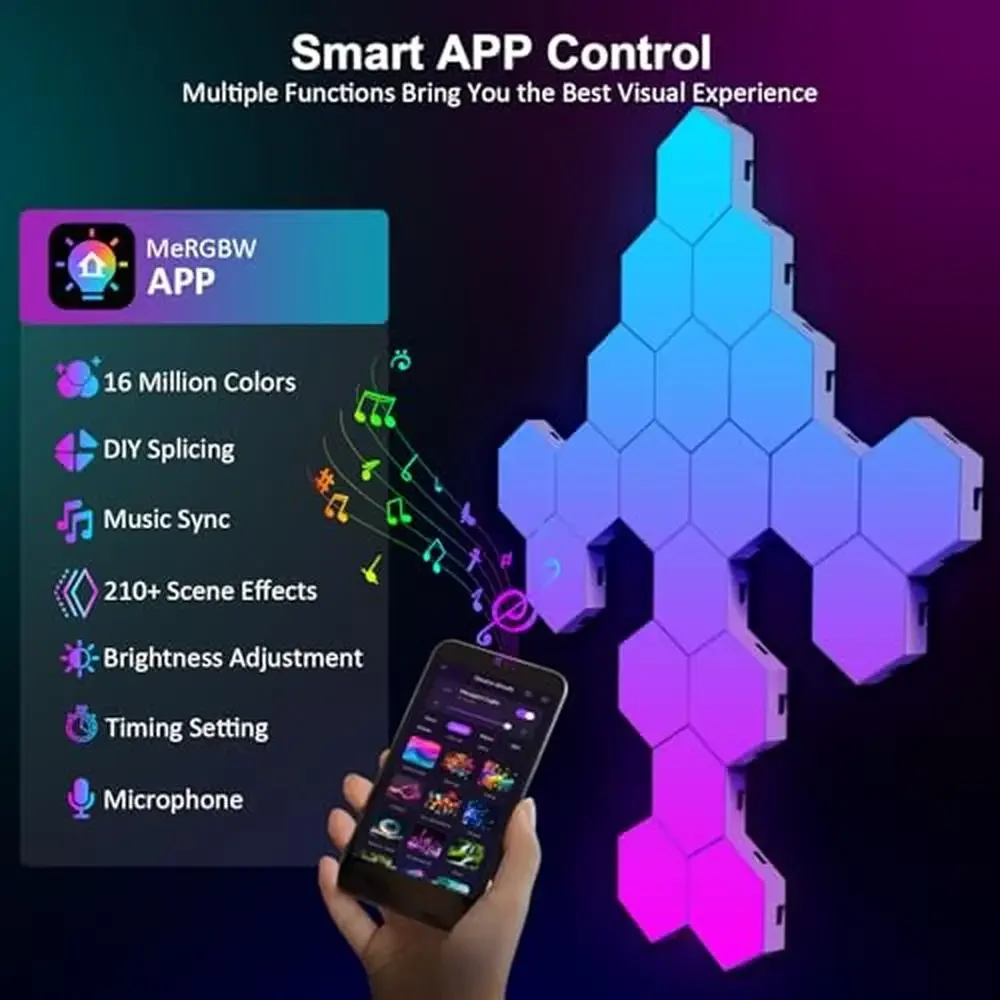 Panel de juegos de sincronización de música de pared con luces hexagonales RGB, aplicación inteligente con Control remoto, paneles modulares en forma de panal, USB multiescena DIY