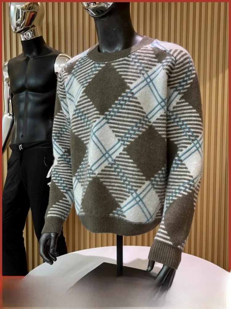 

Вязаный свитер Thiened Round Ne, повседневный мужской свитер, теплая клетчатая осенне-зимняя модная городская одежда с рисунком