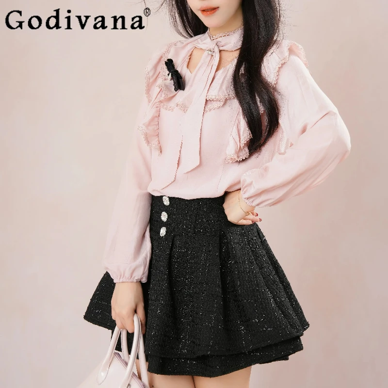 واضح الحلو الوردي لوليتا ملابس النساء تكدرت بلوزة شيفون أعلى الأسود تنورة عالية الخصر مجموعة الإناث الدعاوى النمط الياباني #5