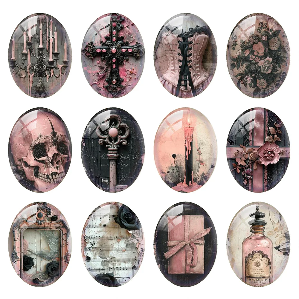 

10pcs/lot Halloween Gothic Horror Pink Skull Head Cross Candle Oval Photo Glass Cabochon Flatback Demo Cameo Diy Jewelry Making