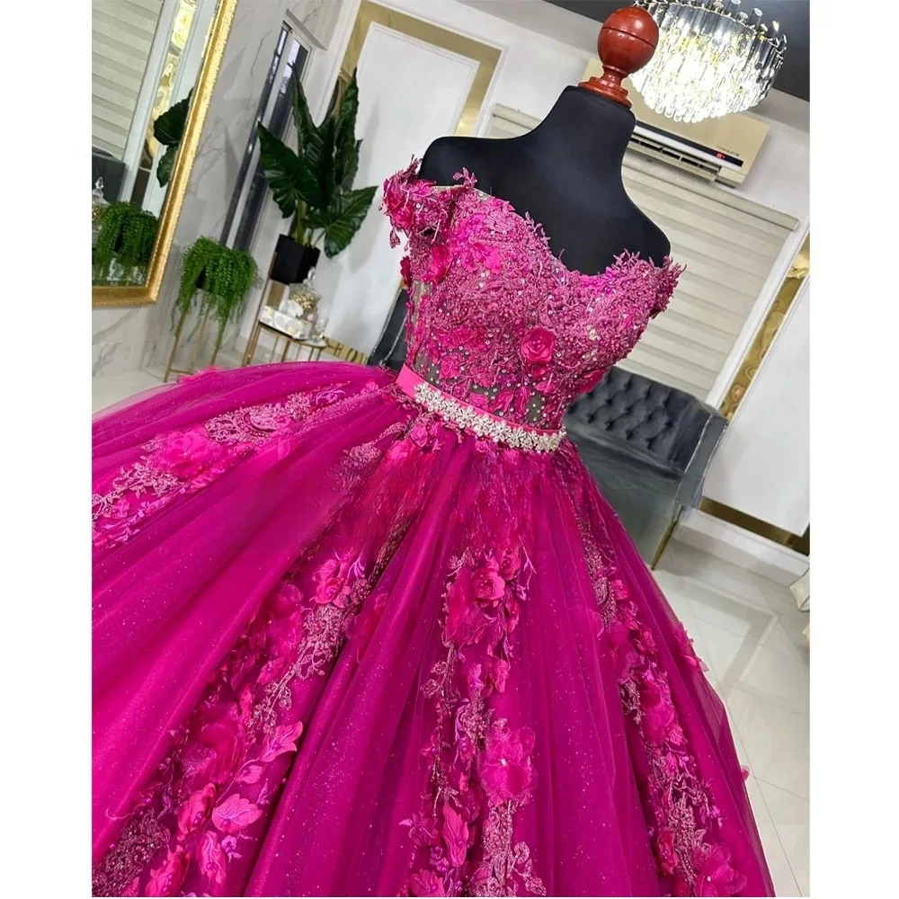 Gaun Fuchsia putri Quinceanera gaun pesta bahu terbuka Tulle applique manis 16 Gaun 15 AFO Meksiko