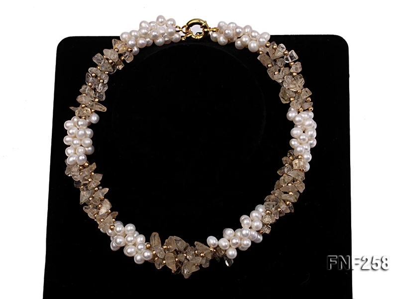 Terisa Pearl Jewelry Three-strand 6-7mm White Freshwater Pearl and Yellow Crystal Chips Necklace for Women T-FNF258