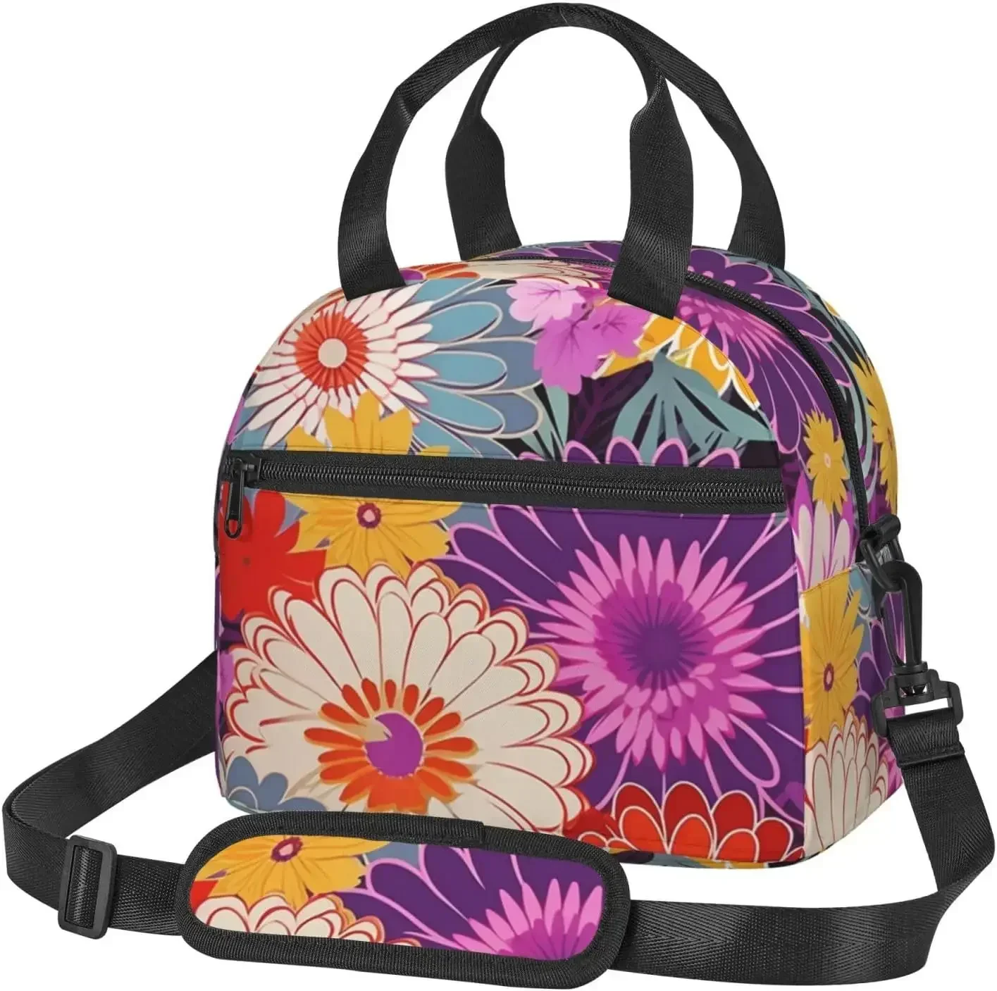 

Bohemian Colored Flower Print Lunch Box for People Reusable Insulated Cooler Portable Tote Bag Large Capacity Container