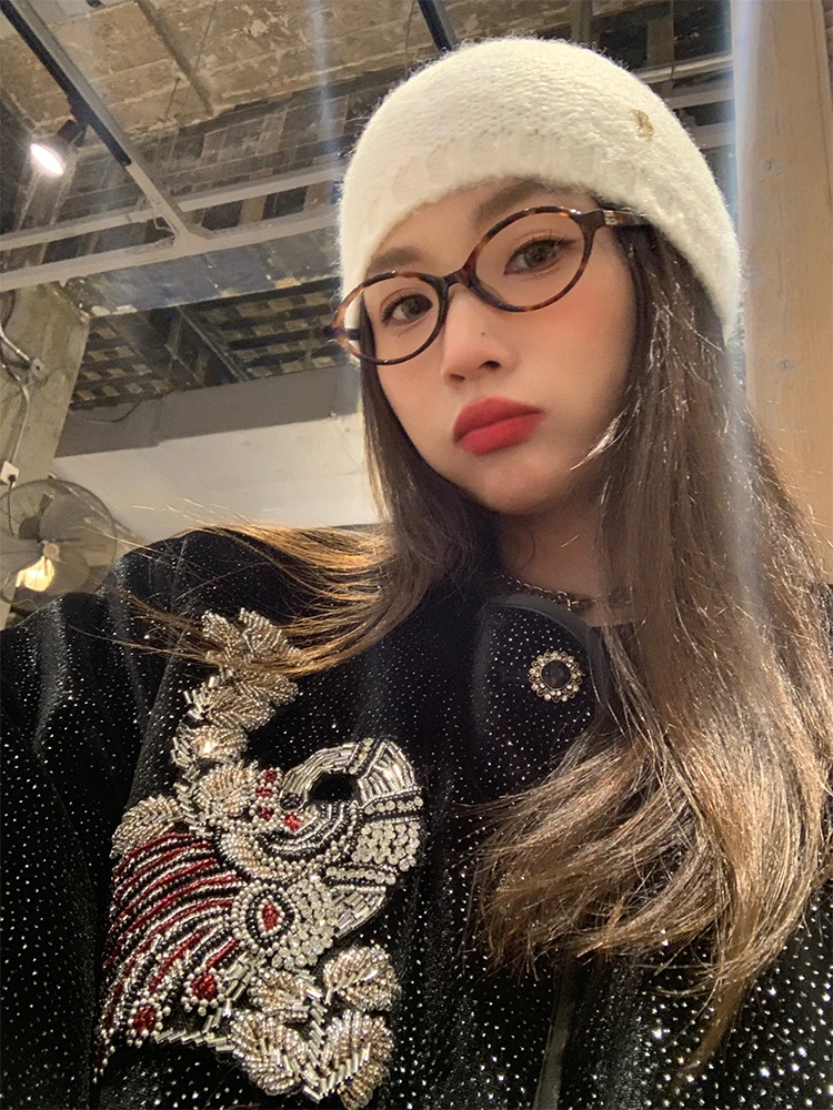 Bla Embroidered Cotton Jaet for Women Winter Faion Design Small Size Pearl Decoration Korean Sle Loose Fit round Ne