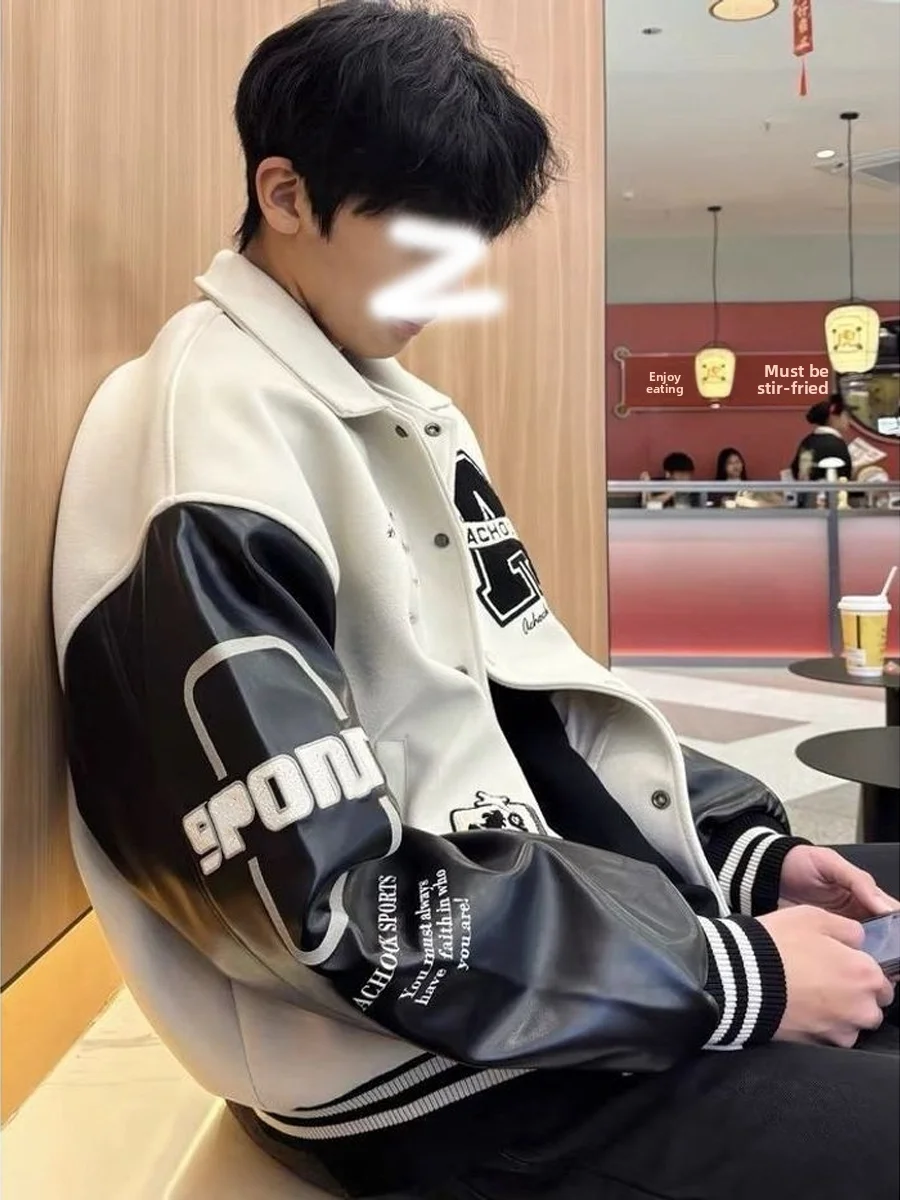 

Retro American Embroidered Letter Jaet Loose Fit ex Autumn Winter Heavy Lazy Sle Color Blo Baseball Coat Top