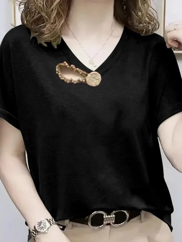 

Новая женская хлопковая футболка с V-образным вырезом и коротким рукавом, свободного кроя, летняя, стройнящая, универсальная, в корейском стиле, с декоративными элементами, повседневный топ 2025 года