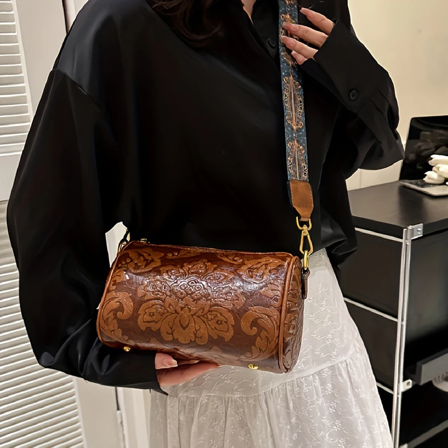 Modna damska torba cylindryczna w stylu retro w stylu chińskim, torba na jedno ramię, cylindryczna torba z wytłoczonym wzorem — zdjęcie 7