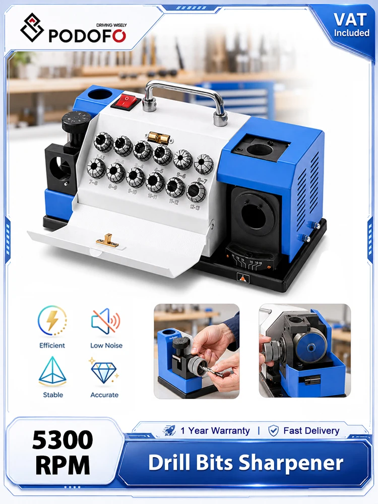 Podofo Bohrerschleifmaschine 2-13mm 12 Spannzangen Vollautomatischer Bohrerschleifer 5300RPM CBN+SDC-Räder Einstellbarer Spitzenwinkel 90° ° -145 °   Schärfwerkzeug für HSS Hartmetall-Spiralbohrer