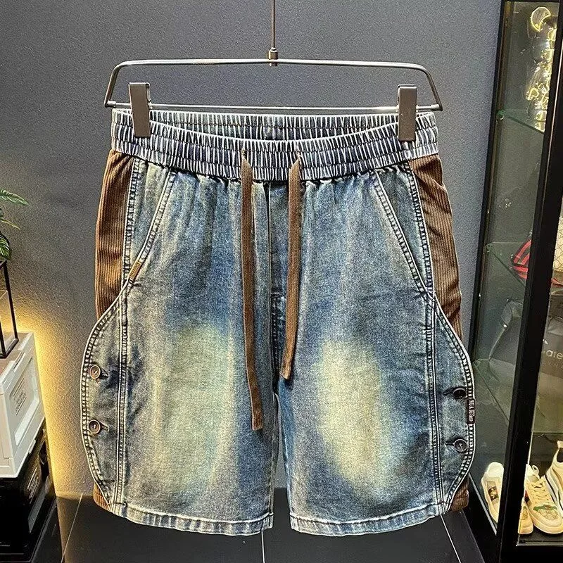 شورت جينز أمريكي ثقيل الوزن للرجال، شورت جينز صيفي فضفاض بخصر مطاطي #1