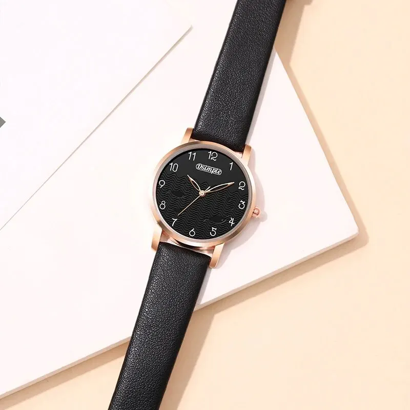 6pcs Sets Luxury Women\'s Black Leather Watches Butterfly Dial with Quartz Wristwatch Women Earring Bracelet Necklace Set