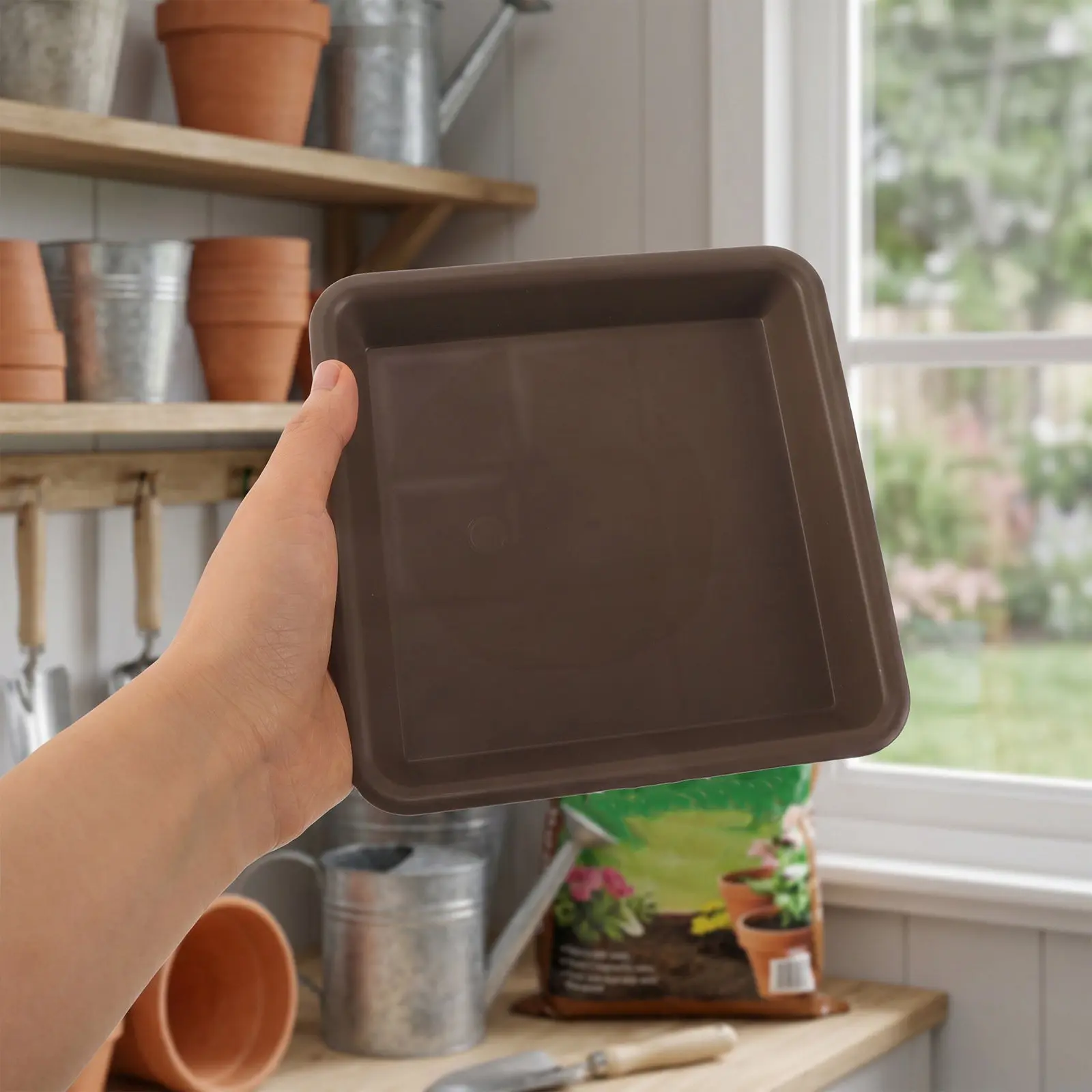 5Pcs Square Plastic Plant Tray Decorative Brown Finish Water Collection Pan for Indoor Outdoor Planter Pot Base Flower Pot