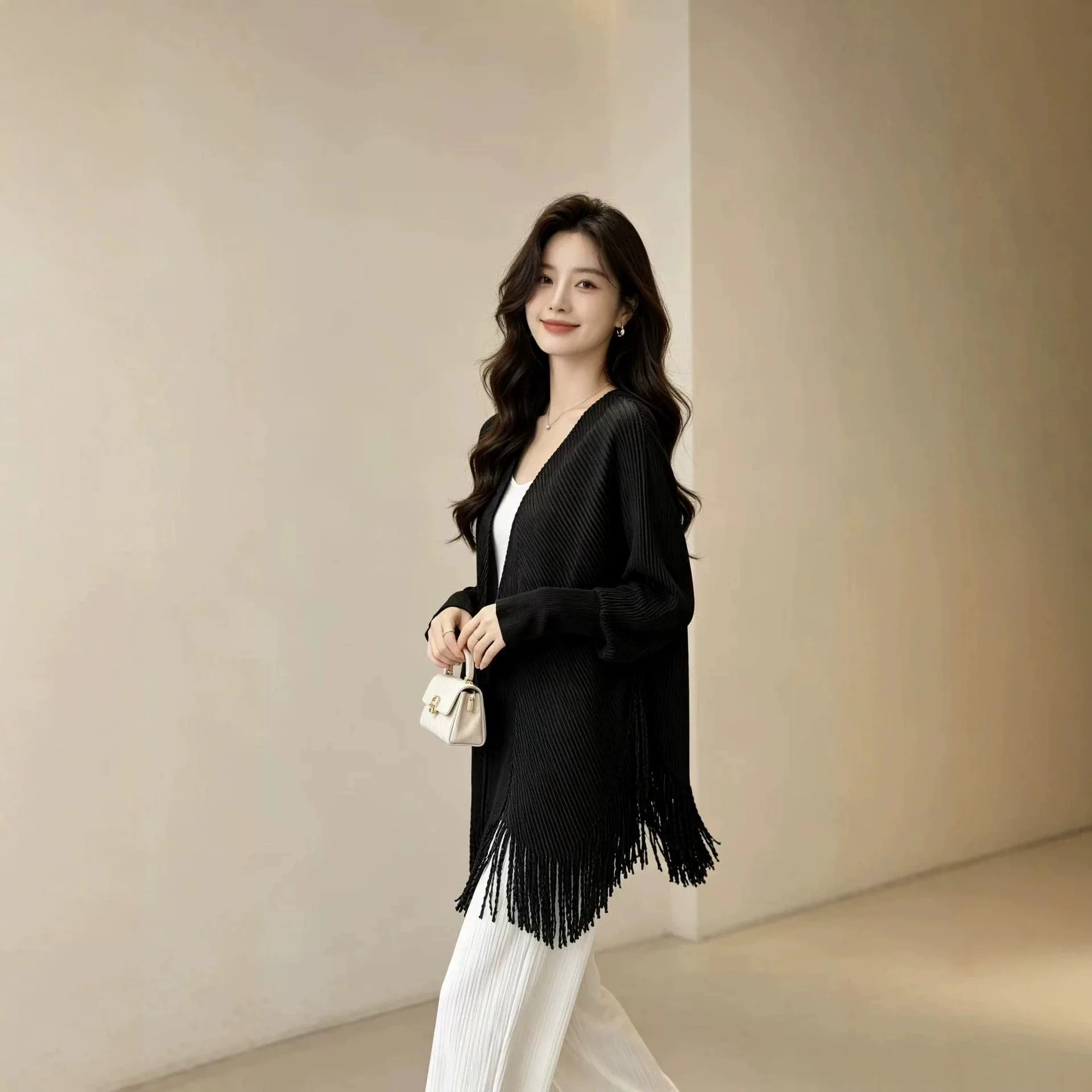 Miyake Style Pleated Tassel Shawl Cardigan Women Open Front Long Sleeve Loose Wrinkle‑Resistant Casual Cape Outerwear
