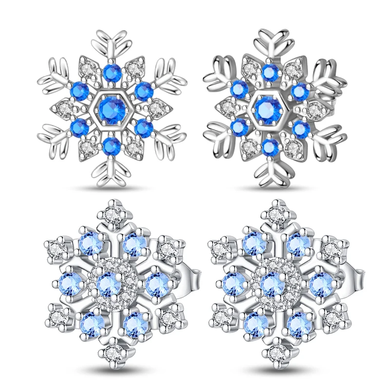 925 Sterling Silver Hoop Earrings Winter Romantic Blue Snowflake Earrings For Women Fine Birthday Jewelry Gifts