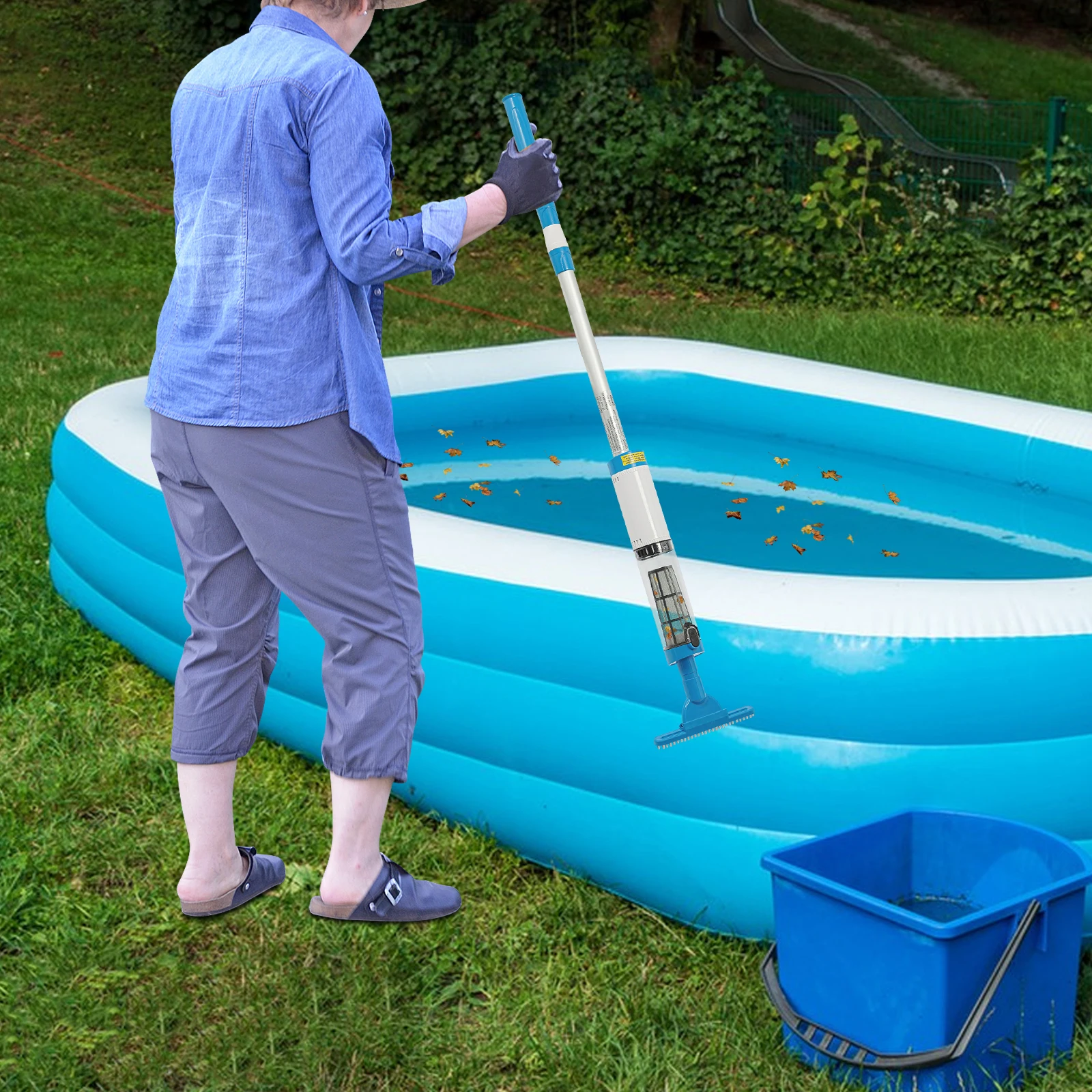 Aspirador de piscina portátil 3 em 1 |   Bateria de lítio recarregável de 1600mAh, plugue UE, IPX8, azul e branco, 1,05-1,64m ajustável