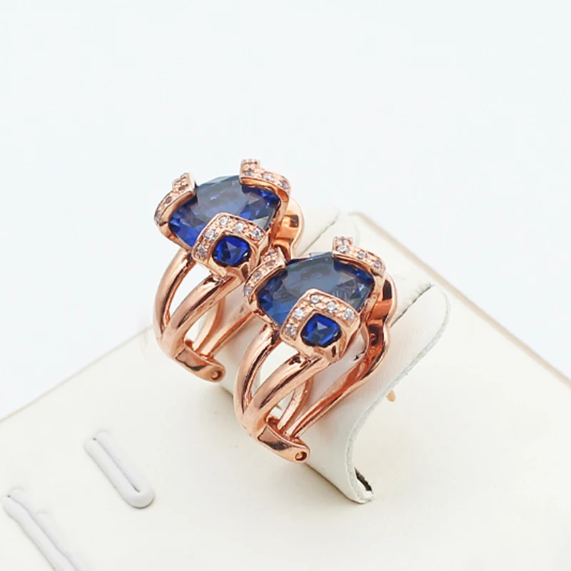 585 purple gold new plated 14k rose gold inlaid triangle blue crystal earrings for women luxury party jewelry for girlfriend