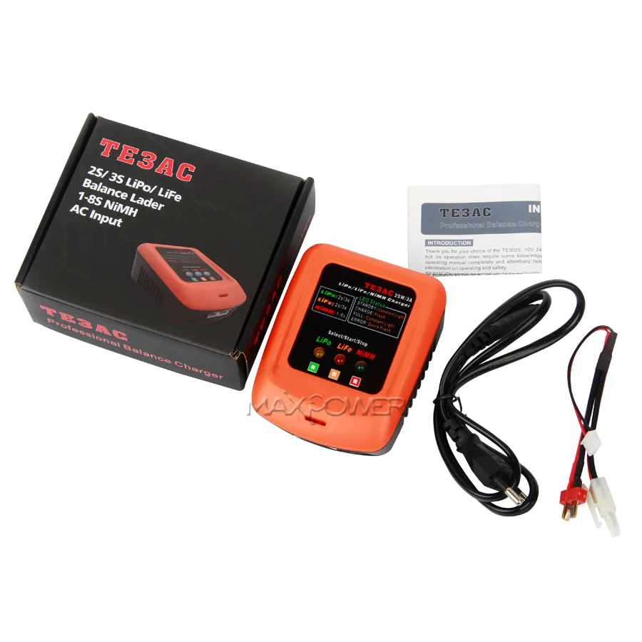 TE3AC 100V-240V 25W/3A Professional Balance Charger for 2S 3S LiPo/2S 3S LiFe/1-8S NiMH Battery RC Drone Car Boat