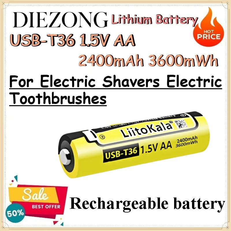 USB-T36 1.5V AA 2400mAh 3600mWh Lithium Battery for Electric Shavers Electric Toothbrushes Replace AA Lithium Batteries