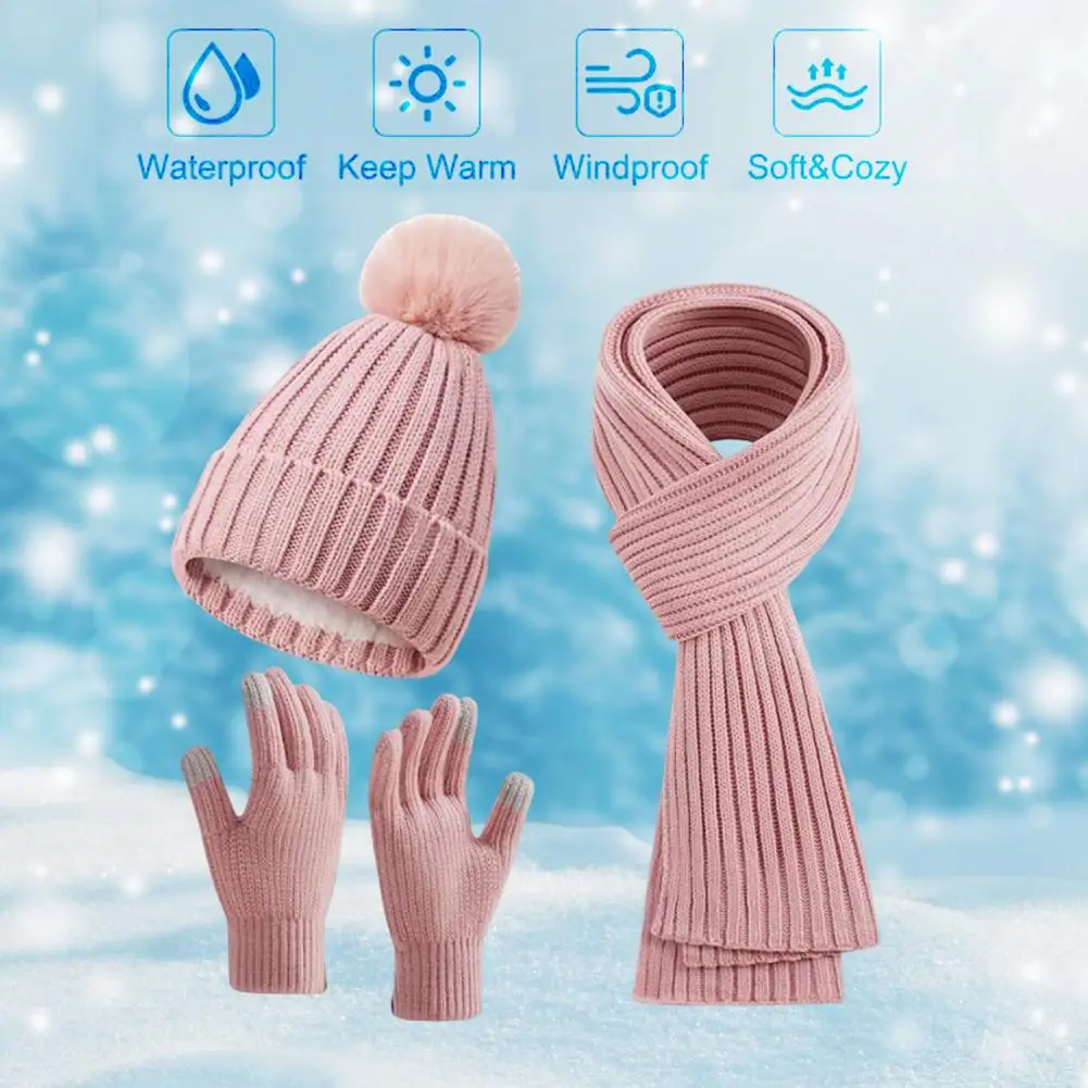 

Winter Cap Winter Hat Scarf Gloves Set Unisex Knitted Thick Warm Stretchy High Sensitivity Plush Ball for Cycling