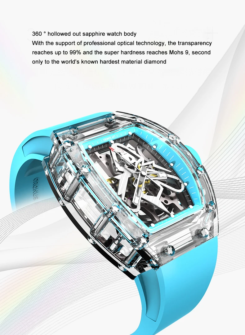 CRONUSART Orologio automatico da uomo 50mm Orologio da polso meccanico Tonneau di lusso Cassa in zaffiro Cinturino in gomma fluorurata luminoso Quadrante scheletrato