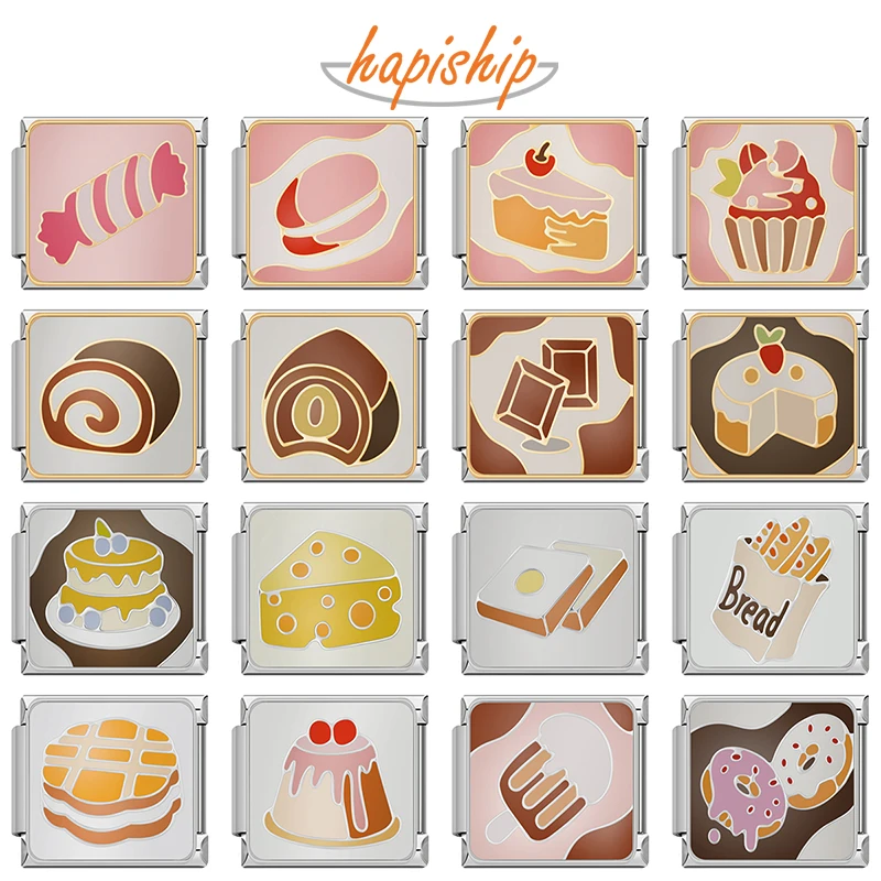 Hapiship 2024 Women\'s Gift Colourful Bread Cake Italian Charms Links Beads Fit 9mm Stainless Steel Bracelet DIYJewelry DJ1359-AB