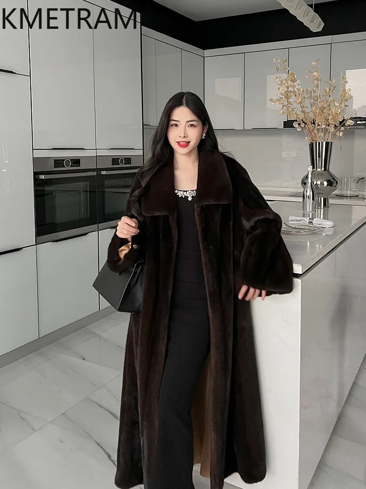 KMETRAM الأرجواني المخملية 100% فرو المنك سترة امرأة فاخرة طويلة معطف فرو المنك الحقيقي 130 سنتيمتر الشتاء النساء الملابس 2026 شبابانية