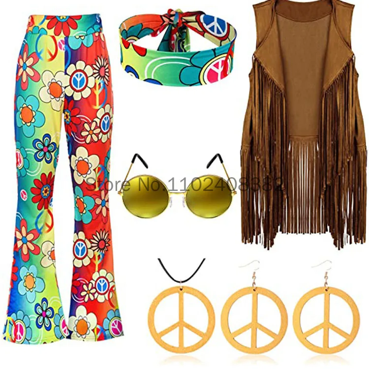 2023 neues Sommer Hippie Kostüm Damen Set für Karneval 70er Jahre Bekleidungs zubehör sechsteiliges Set Quaste Weste Hosen Stirnband Set