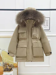 2023 Women Winter Thick Warm Puffer Coat White Duck Down Medium-Long Jacket Female Hooded Loose Parka Real Raccoon Fur