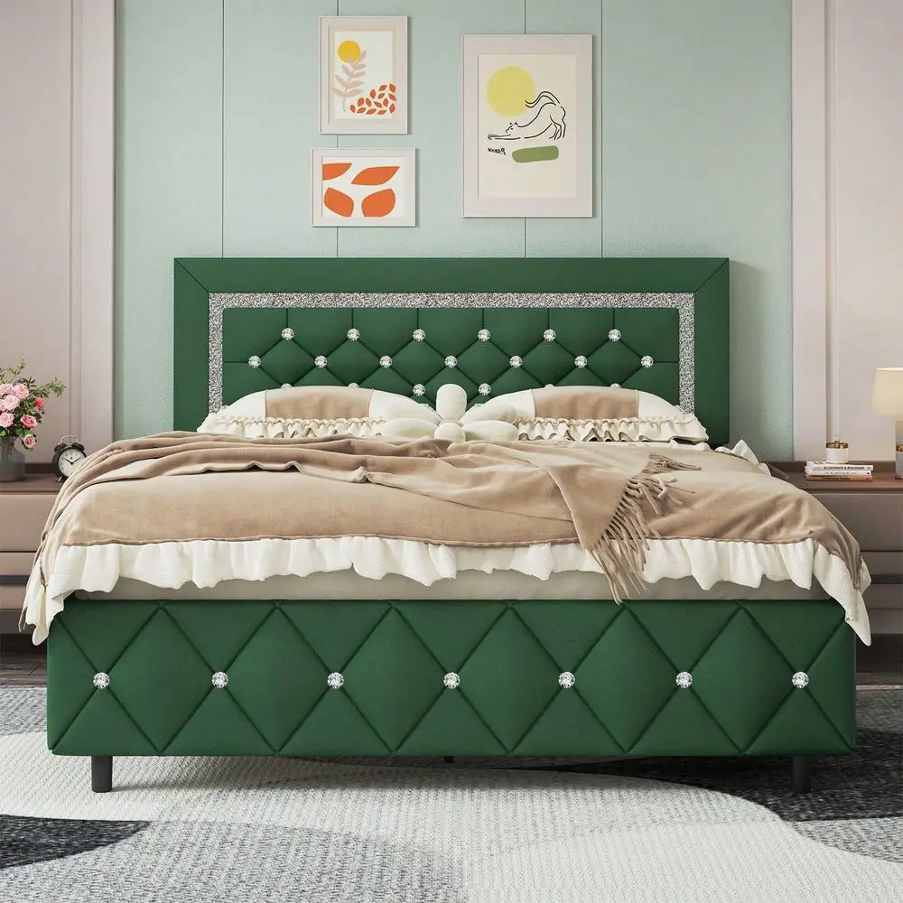 

Full Queen King Size Bed Frame, Upholstered Bed Frame With Diamond Headboard And Footboard, No Box Spring Needed, Easy Assembly,