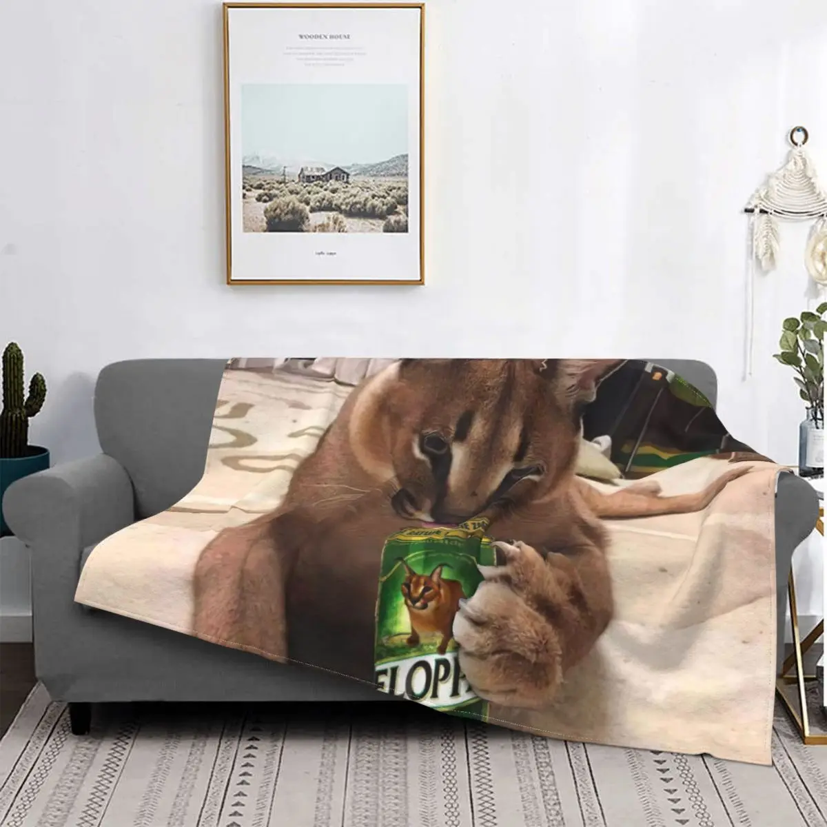 

3D Print Caracal Floppa Drink Blankets Comfortable Soft Flannel Autumn Funny Cat Throw Blanket for Couch Car Bedding