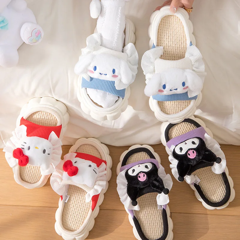 Sanrio Slippers Women Kuromi Cinnamoroll Anti-Sli Four Seasons Home Linen Poop Feeling Thick Bottom Linen Slippers Indoor Shoes