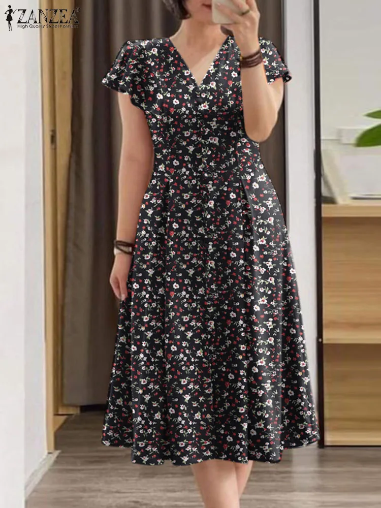 ZANZEA Summer Stylish Printed Sundress Elegant Slim Dress Woman Short Sleeve V-Neck Dresses Female Vintage Party Robe Oversized