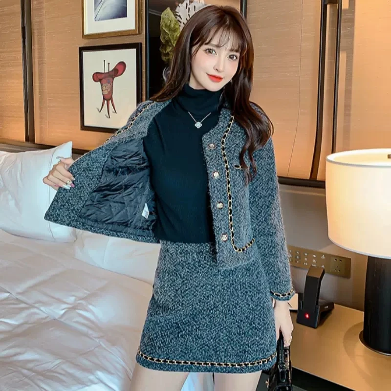 

Vintage Tweed Suit Skirt Women Clothing 2023 Spring Autumn New High Waist Loose Wool Jacket + Skirt Two-Piece Female Tops