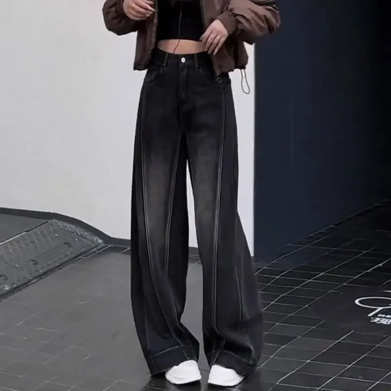 Jean taille haute à jambes larges pour femmes, Style américain, grande taille, nouveau Design Patchwork, pantalon coupe droite, gris noir, printemps