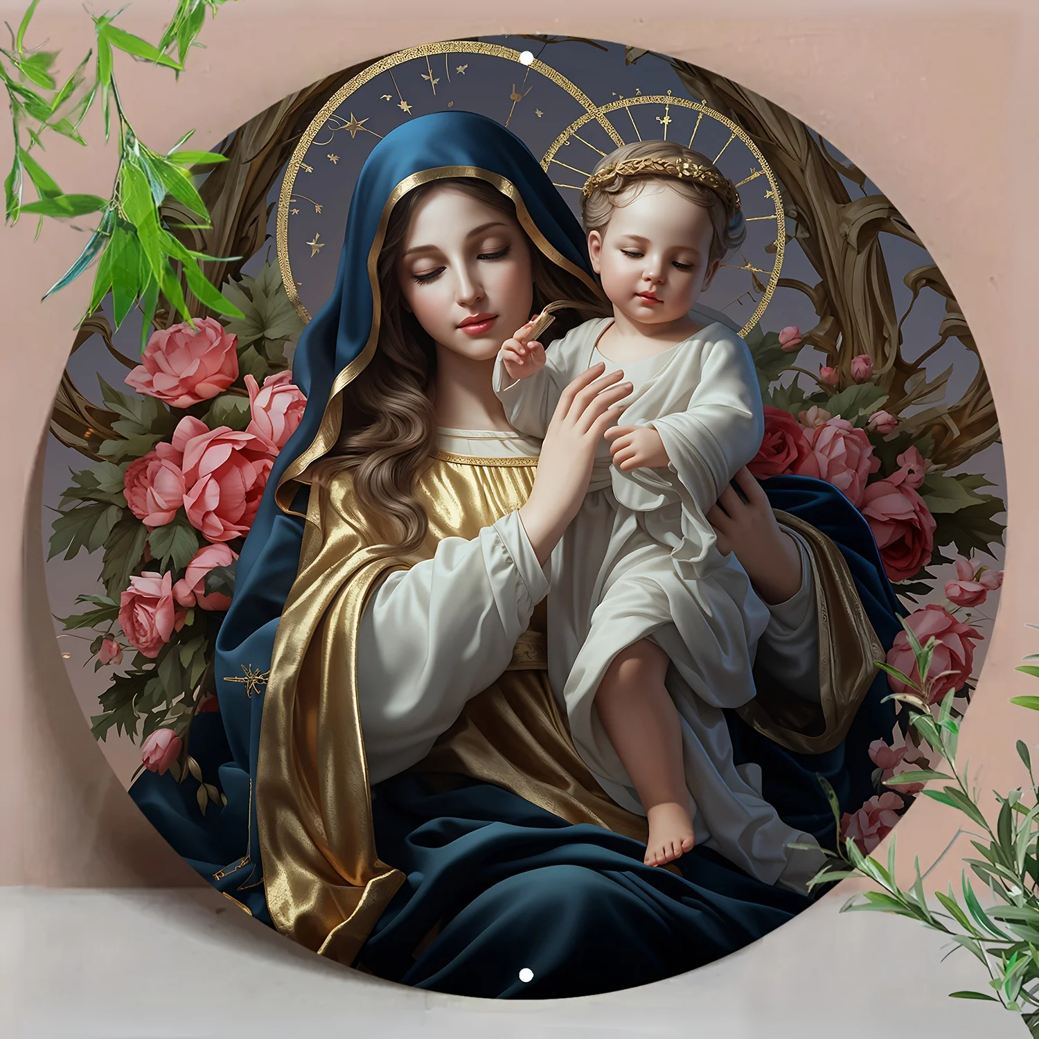 1PC Sacred Religious Round Metal Wall Plaque, Virgin Mary & Baby Jesus Rose Portrait, 2D Flat Tin Sign for Chapel Home Devotiona