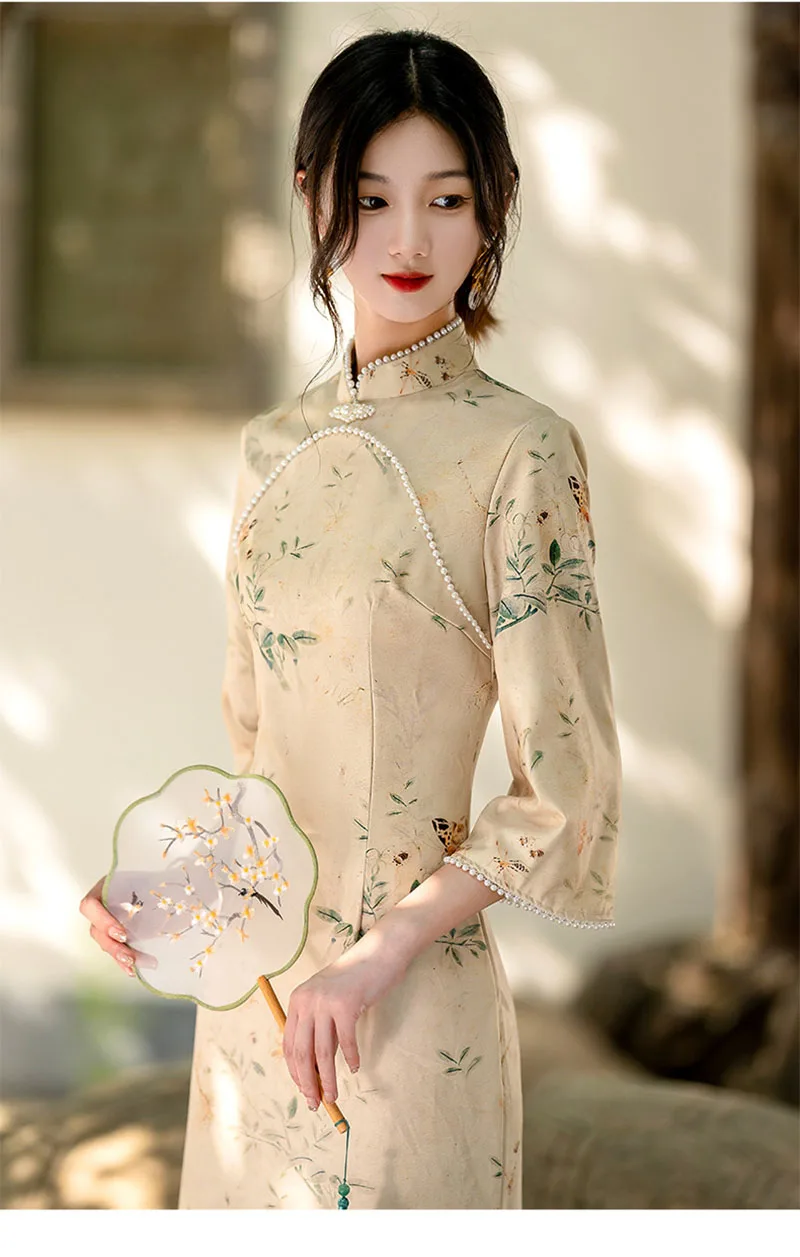 Women Light Yellow Cheongsam Long Sleeve New Chinese Style Vintage Suede Dress Slim Casual High-fashion Qipao S To XXL